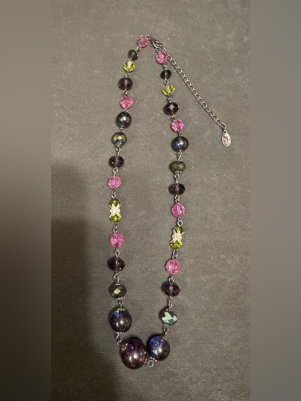 Gun Metal Tone Beaded Necklace with Pink, Purple & Green